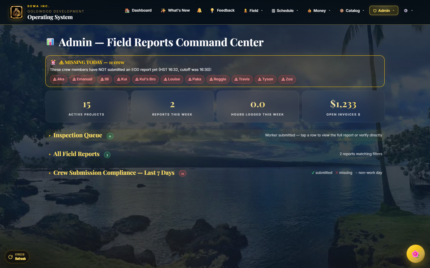 Admin reports view - verify reports, per-section inspector notes, undo verification